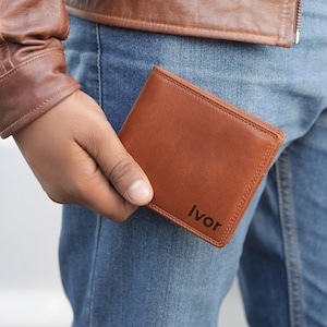 Cartera de cuero grabada con láser para hombre, cartera de cuero genuino, regalo para el esposo, regalo personalizado para el Día del Padre, cartera de cuero para tarjetas, caja fuerte RFID.