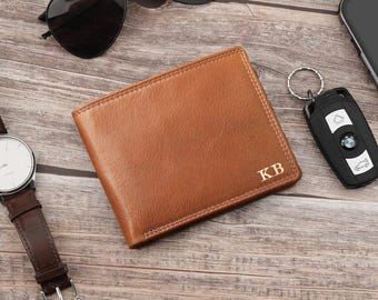 Cartera de piel con monograma, tarjetero, bloqueo RFID, plegable y segura para hombre.