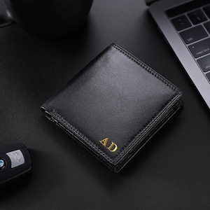 Cartera de cuero negra para hombre, cartera de cuero personalizada con tarjetero RFID y monedero, ideal como regalo personalizado para tu marido.