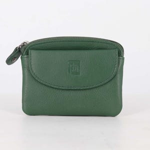 May include: A forest green leather coin purse featuring a top zipper closure and a front flap pocket with a snap button. The front flap is embossed with a small square logo containing the letters 'ph'. The purse has a smooth, rounded rectangular shape.