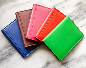 Tarjetero de piel RFID, cartera de viaje delgada plegable, iniciales personalizadas, borde de color, piel auténtica.