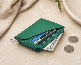 Cartera tarjetero de piel para mujer con 5 ranuras para tarjetas, bolsillo con cremallera para monedas, iniciales personalizadas y bolsa de algodón. Regalo ideal para su cumpleaños.