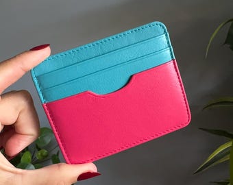 Small Leather Card Holder Minimalist Colourful Slim Wallet Personalised Credit Card Holder  Women Two-Tone Colour Leather Credit Card Sleeve