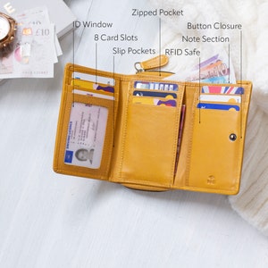 Open soft leather purse in yellow showing various features including an ID window, 8 card slots, slip pockets, a zipped pocket, a button closure, note section, and RFID safe compartment. This wallet for women is ideal as a gift for her.