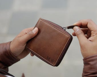 Cartera de cuero personalizada con cremallera y tarjetero con protección RFID para identificación