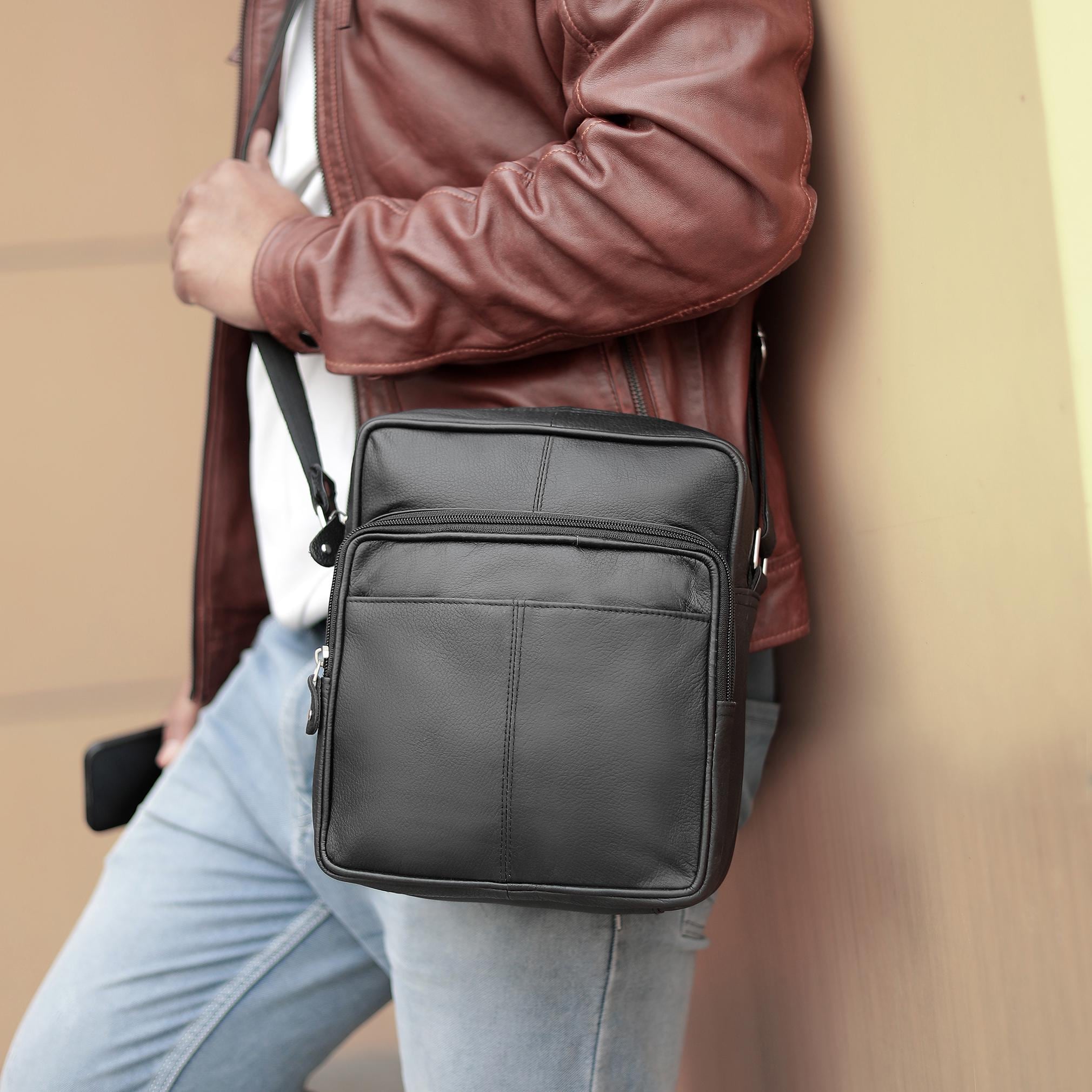 Mens Leather Crossbody Bag Travel Sling Shoulder Bag Adjustable Strap Small Zip Organiser with Front Pockets Christmas Gift for Him