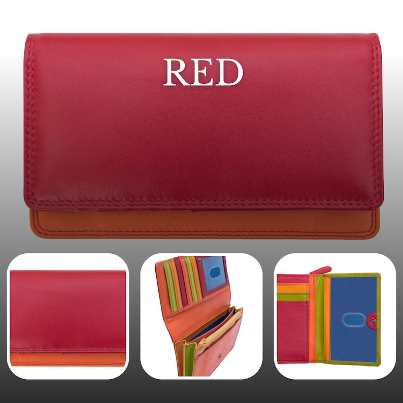 May include: A red leather wallet with the word "RED" in white text. The wallet has a two-tone design, with a red top and an orange bottom. The wallet is closed.