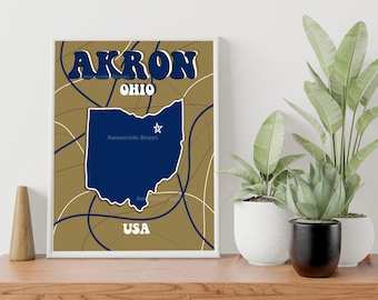 Konsttryck av karta över Akron, Ohio: Dekoration för studenthem (digital nedladdning)