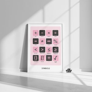 May include: A framed poster featuring mathematical symbols in a grid layout. The symbols, including plus, minus, and equal signs, are displayed on a pink background. The word "SYMBOLS" is printed at the bottom.