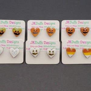 Heart, Jack-o-lantern, candy corn wood stud earrings
