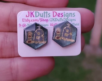 Zombie paw and tomb stone, wood hexagon stud earrings