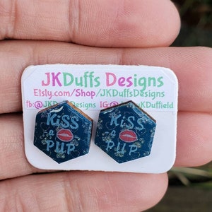 Kiss a pup, hexagon wood stud earrings