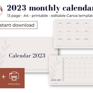 May include: A printable 2023 monthly calendar template in a minimalist style with a gray background and a gray floral design. The calendar is editable and printable. The text "Calendar 2023" is at the top of the page. The text "JANUARY" is at the bottom of the page.