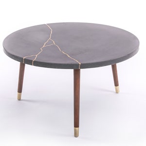 Concrete Kintsugi Coffee Table Round With Wood and Gold Legs