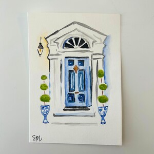 5 x 7 Mini Watercolor Painting of blue and white door, Original Watercolor painting, one of a kind painting