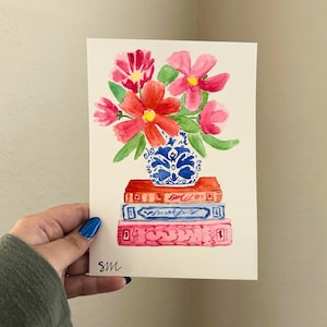 Chinoiserie 5 x 7 Watercolor Painting of blue and white vase with flowers and book, Original Watercolor painting, one of a kind painting