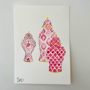 Chinoiserie 5 x 7 Mini Watercolor Painting of pink and white vases, Original Watercolor painting, one of a kind painting