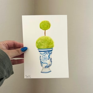 Chinoiserie 5 x 7 Mini Watercolor Painting of plant in blue and white vase, Original Watercolor painting, one of a kind painting