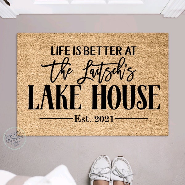 Life Is Better At Our Family Lake House Established Custom Family Personalized Doormat | Housewarming Gift | Closing Gift | New Home Gift