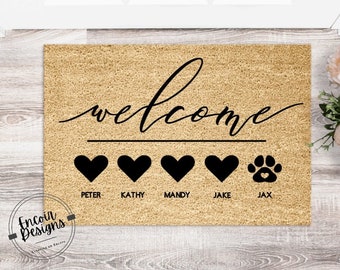 Many Custom Family & Pet Name Welcome Mat | Custom Names Doormat | Welcome Mat | Housewarming Gift | Perfect gift for Pet Lovers Dog House
