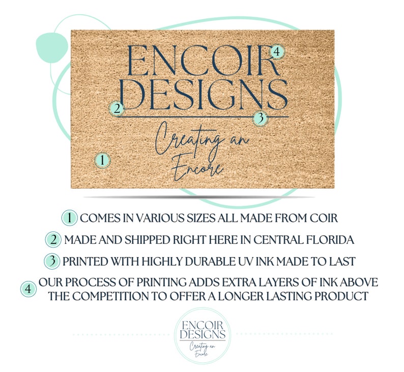 May include: A brown coir doormat with the text "ENCOIR DESIGNS Creating an Encore" in dark blue lettering. The numbers 1, 2, 3, and 4 are circled in blue and placed around the text. The doormat is a product of ENCOIR DESIGNS.