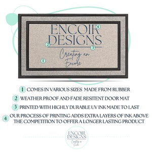 K&ouml;nnte beinhalten: Rechteckige Fu&szlig;matte mit einem neutralen beigen Zentrum und einem dunkelgrauen Rand. Der Text "ENCOIR DESIGNS Creating an Encore" ist in Marineblau dargestellt. Die Matte besteht aus Gummi und ist wetterfest.