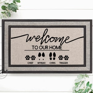 Custom Family & Pet Name Welcome Mat | Custom Names Doormat | Gray Welcome Mat | Housewarming Gift | Pet Lover Gift | New Home Closing Gift