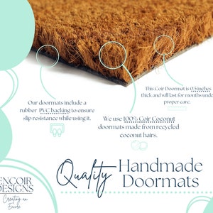 May include: Close-up of a brown coir doormat with a rubber PVC backing. The doormat is 0.5 inches thick and made from recycled coconut hairs. Text on the image reads "Quality Handmade Doormats."