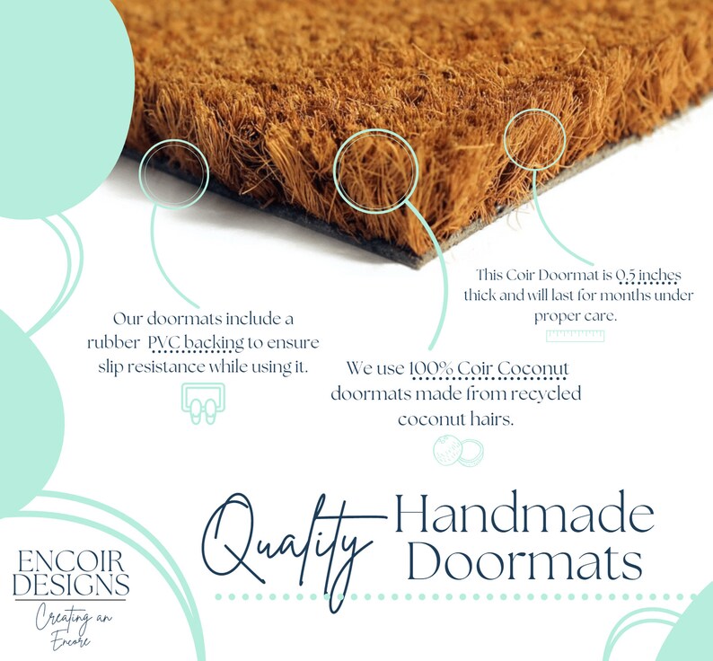 May include: Close-up of a brown coir doormat with a rubber PVC backing. The doormat is 0.5 inches thick and made from recycled coconut hairs. Text on the image reads "Quality Handmade Doormats."