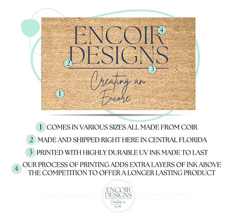 May include: A rectangular doormat made of coir with the text "ENCOIR DESIGNS Creating an Encore" in navy blue. The doormat is printed with durable UV ink. The doormat comes in various sizes.