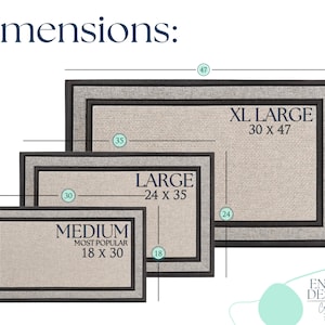 May include: Three doormats in different sizes, labeled "XL Large 30 x 47", "Large 24 x 35", and "Medium Most Popular 18 x 30". The doormats are beige with a black border and a gray inner border.
