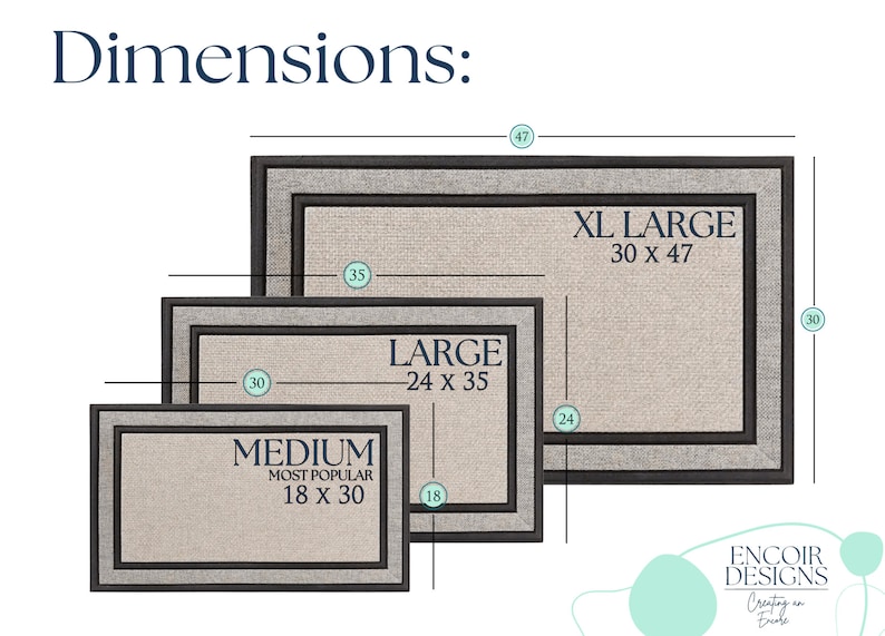 May include: Three doormats in different sizes, labeled "XL Large 30 x 47", "Large 24 x 35", and "Medium Most Popular 18 x 30". The doormats are beige with a black border and a gray inner border.