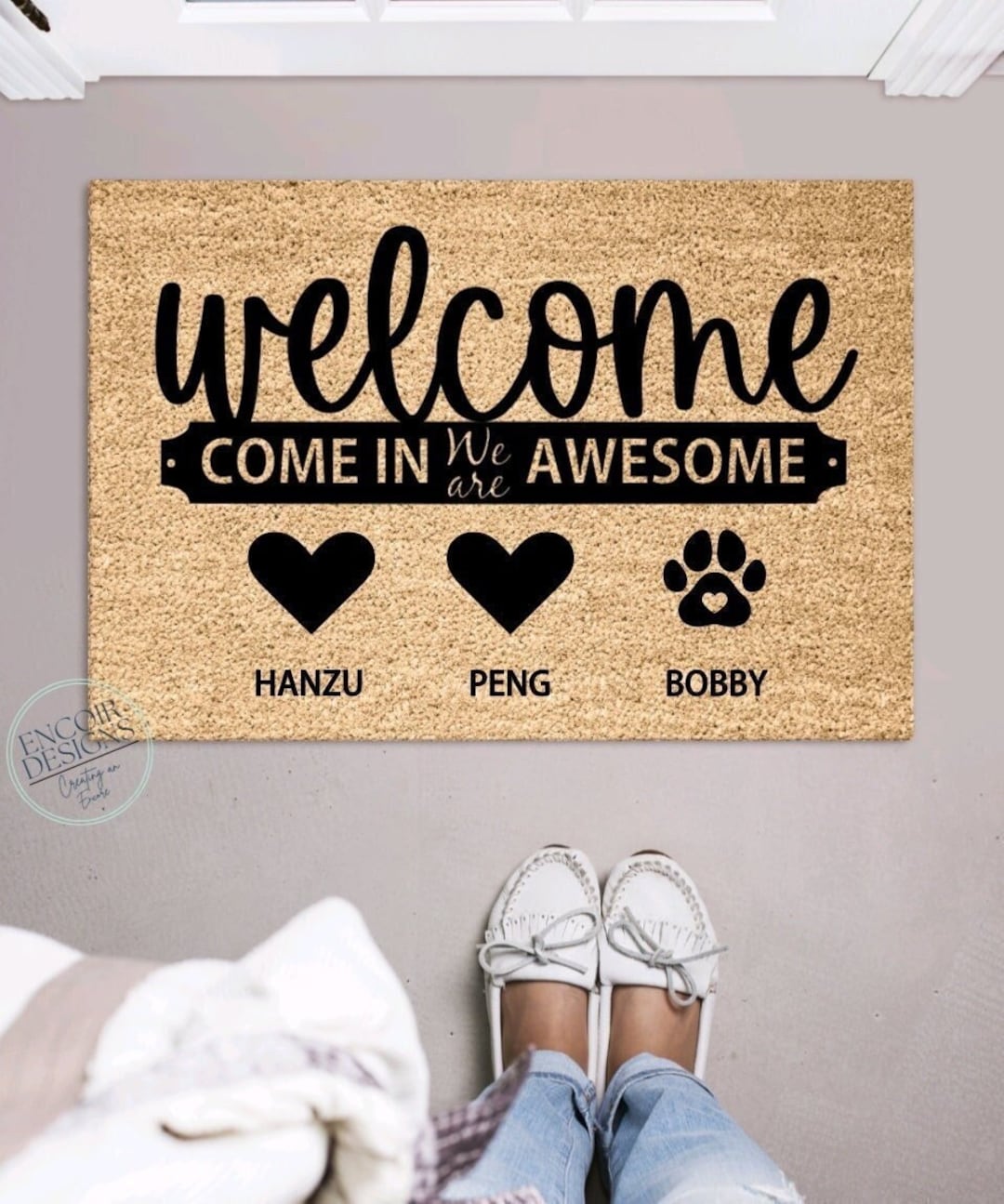 Many Custom Family & Pet Name Welcome Mat | Custom Names Doormat ...