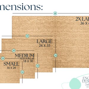 May include: Diagram showing four different sizes of coir doormats with dimensions in inches. The sizes are Small (16 x 24 inches), Medium (18 x 30 inches), Large (24 x 35 inches), and 2X Large (36 x 60 inches). The text "Most Popular" is next to the Medium size.