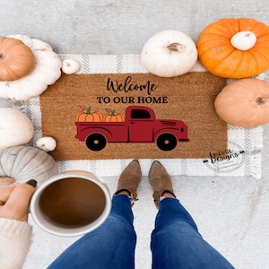 Welcome to our home | Fall Doormat | Welcome Mat | Cute Pumpkin Fall Door Mat | Fall Autumn Decor Gift | New Home Porch Decor |