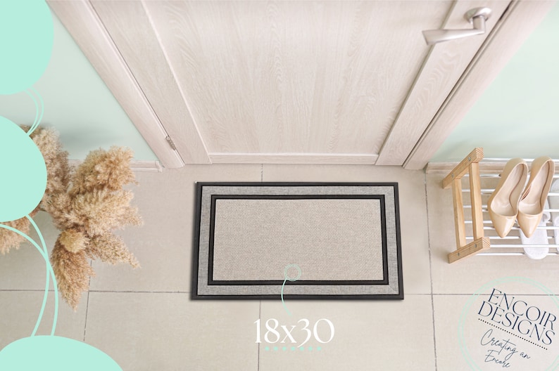 May include: A gray doormat with a black border and a white inner border. The doormat is 18 inches by 30 inches. The text "Encoir Designs" and "Creating an Encoir" is visible in the bottom right corner of the image.