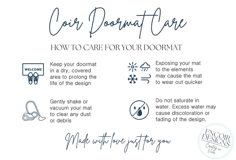 May include: A white graphic with navy blue text that reads "Coir Doormat Care" and "How to Care for Your Doormat." Instructions include keeping the mat dry, avoiding elements, and not saturating it with water.