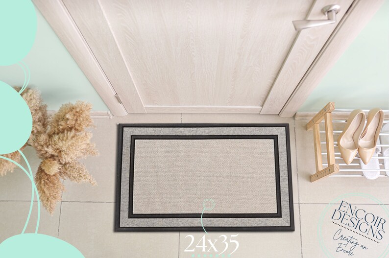 May include: A beige doormat with a black and gray border. The doormat is 24 inches by 35 inches. The doormat is in front of a closed white door.