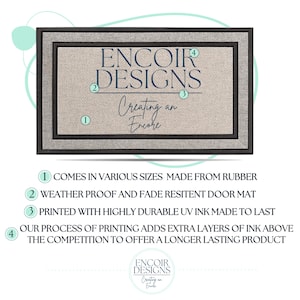 May include: A brown doormat with a black border and the text "ENCOIR DESIGNS Creating an Encore" in blue. The doormat is made from rubber and is weatherproof and fade resistant. It is printed with highly durable UV ink and has extra layers of ink to make it last longer.