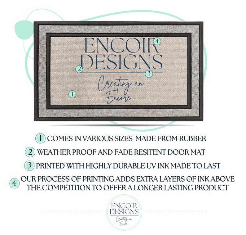 May include: A brown doormat with a black border and the text "ENCOIR DESIGNS Creating an Encore" in blue. The doormat is made from rubber and is weatherproof and fade resistant. It is printed with highly durable UV ink and has extra layers of ink to make it last longer.