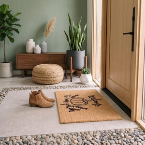 May include: A tan doormat with a pumpkin design and the words "Welcome to my patch" in black script. A pair of brown ankle boots sits near the mat. The scene includes a wooden cabinet, plants, and a front door.