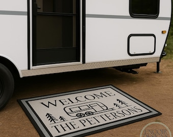 Custom Camper Doormat | Personalized RV Welcome Mat with Family Name | Outdoor Camping Trailer Rug for Camper Van or Motorhome