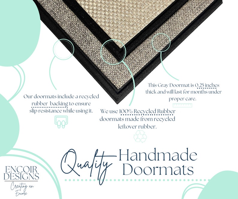 May include: Gray doormat with a black border and a recycled rubber backing. The doormat is 0.25 inches thick and made from 100% recycled rubber. The text "Quality Handmade Doormats" is written in black on a white background.