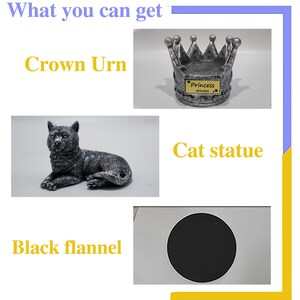 May include: A silver crown urn with the word "Princess" and the dates "2010-2023" on a plaque. A silver cat statue is lying down. A black flannel circle is on a white surface.