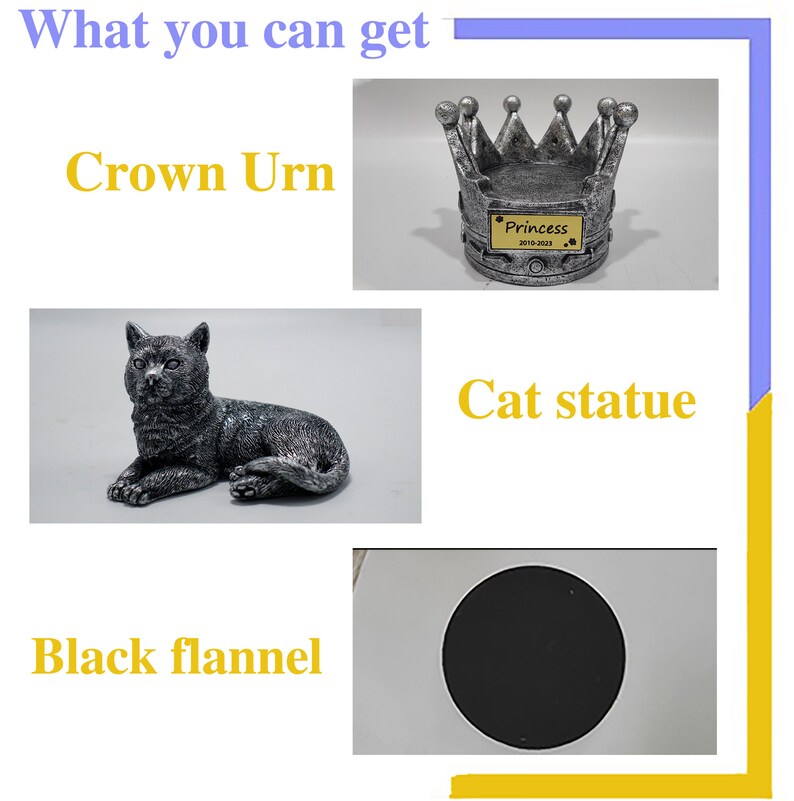 May include: A silver crown urn with the word "Princess" and the dates "2010-2023" on a plaque. A silver cat statue is lying down. A black flannel circle is on a white surface.