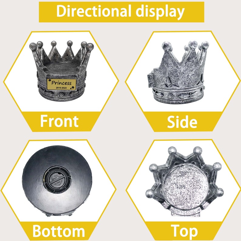 May include: A silver crown-shaped cremation urn with a small plaque on the front that reads "Princess 2010-2023". The urn is shown from the front, side, top, and bottom.