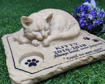Personalized Pet Memorial Stones Sympathy Gifts with Sleeping Cat Stone Statue -Always love, never forgotten "until we meet again"