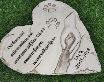 Personalized Heart Pet Memorial Stone Custom Name and Motto Human Dogs Holding Hands Cameo