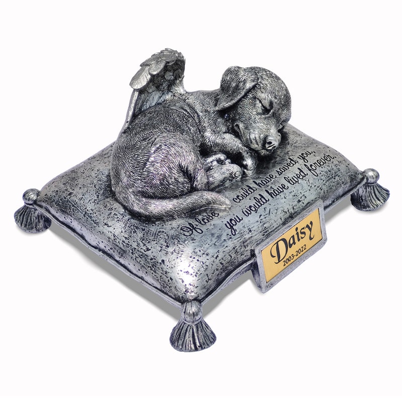 Custom Pet Urns for Dogs Ashes - Memorial Dog Urns for Ashes with Engraving Your Pet&#39;s Name, Date - Angel Dog Sleeping On Pillow Urn