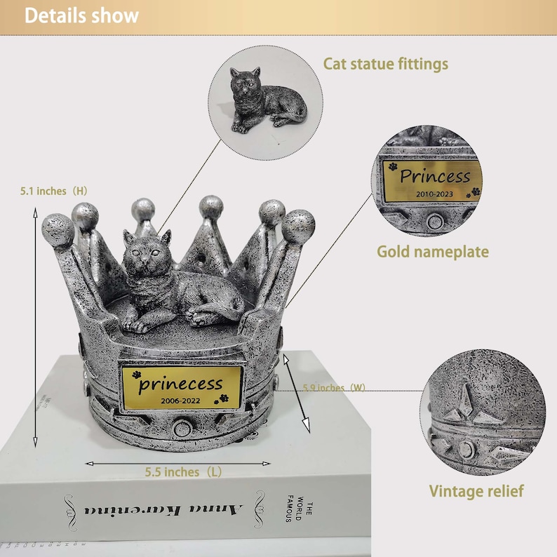 May include: Silver crown shaped pet urn with a cat figurine on top. The urn has a gold nameplate that reads "prinecess 2006-2022". The urn is 5.5 inches wide and 5.1 inches tall.